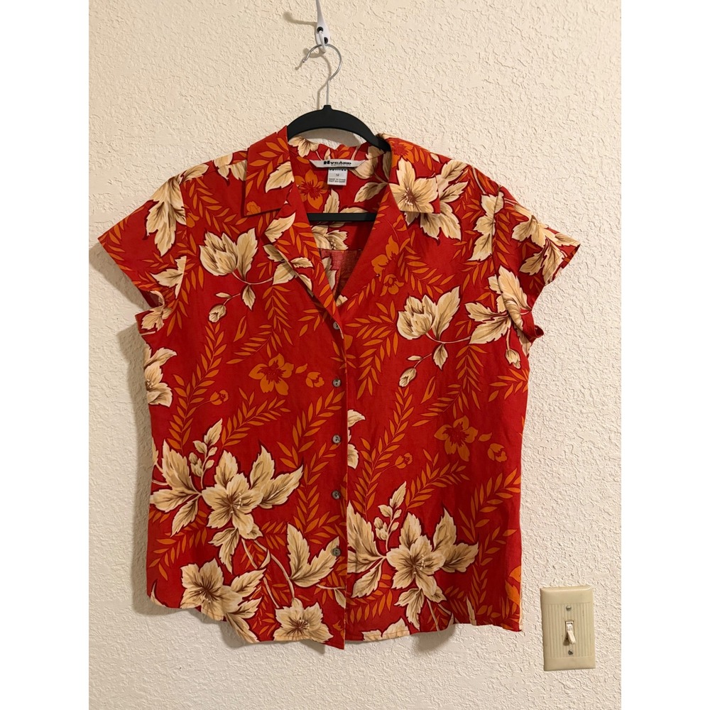 Nygard Collection Silk Linen Tropical Floral Button Down Shirt Red Petites 12